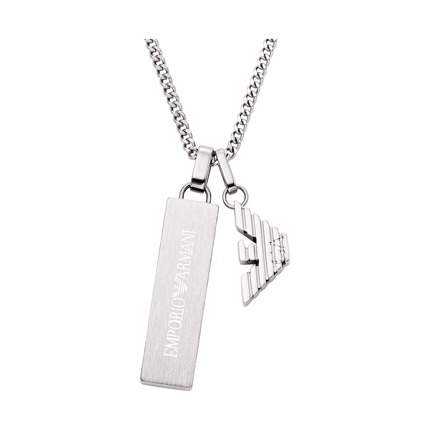 Collier Emporio Armani en acier inoxydable avec pendentif barre gravé et logo aigle.