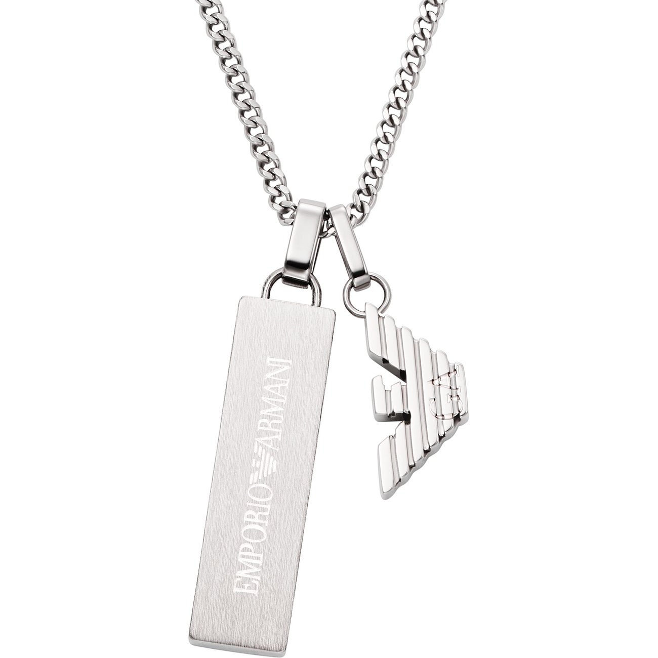 Collier Emporio Armani en acier inoxydable avec pendentif barre gravé et logo aigle.