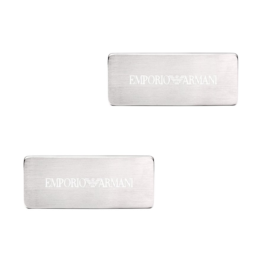 Due gemelli rettangolari Emporio Armani in acciaio inox spazzolato con logo inciso.