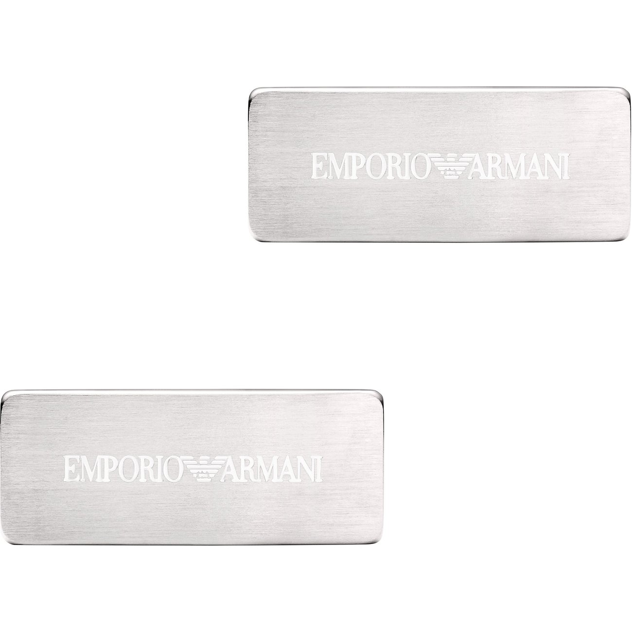 Due gemelli rettangolari Emporio Armani in acciaio inox spazzolato con logo inciso.