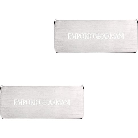 Zwei rechteckige Manschettenknöpfe aus gebürstetem Edelstahl der Marke Emporio Armani mit eingraviertem Logo.