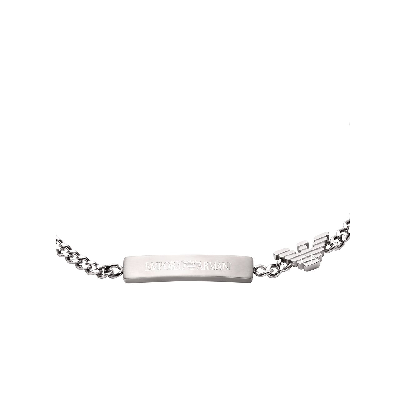 Emporio Armani armbånd i rustfrit stål med indgraveret mærkelogo og ørnelogo som vedhæng.