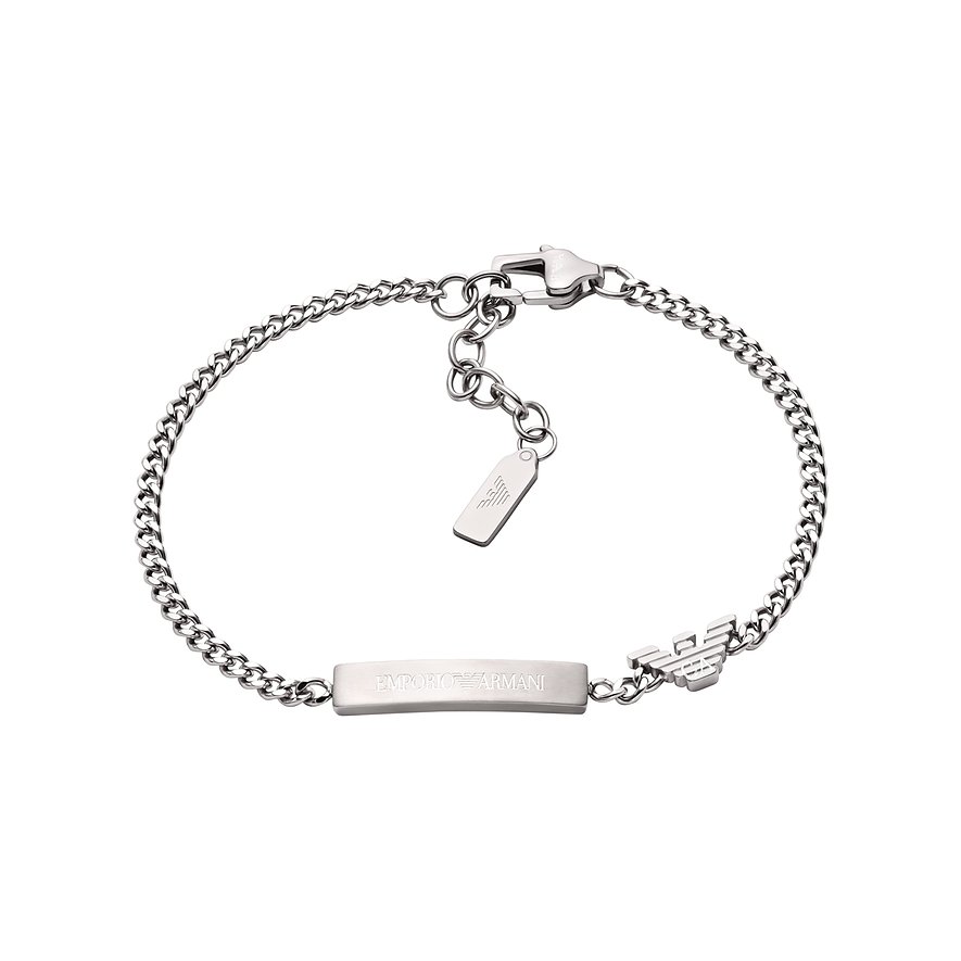 Emporio Armani herresmykke i rustfrit stål, et bølget armbånd med Emporio Armani logolås.
