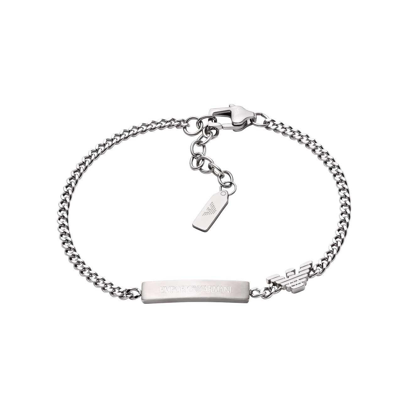Emporio Armani herresmykke i rustfrit stål, et bølget armbånd med Emporio Armani logolås.