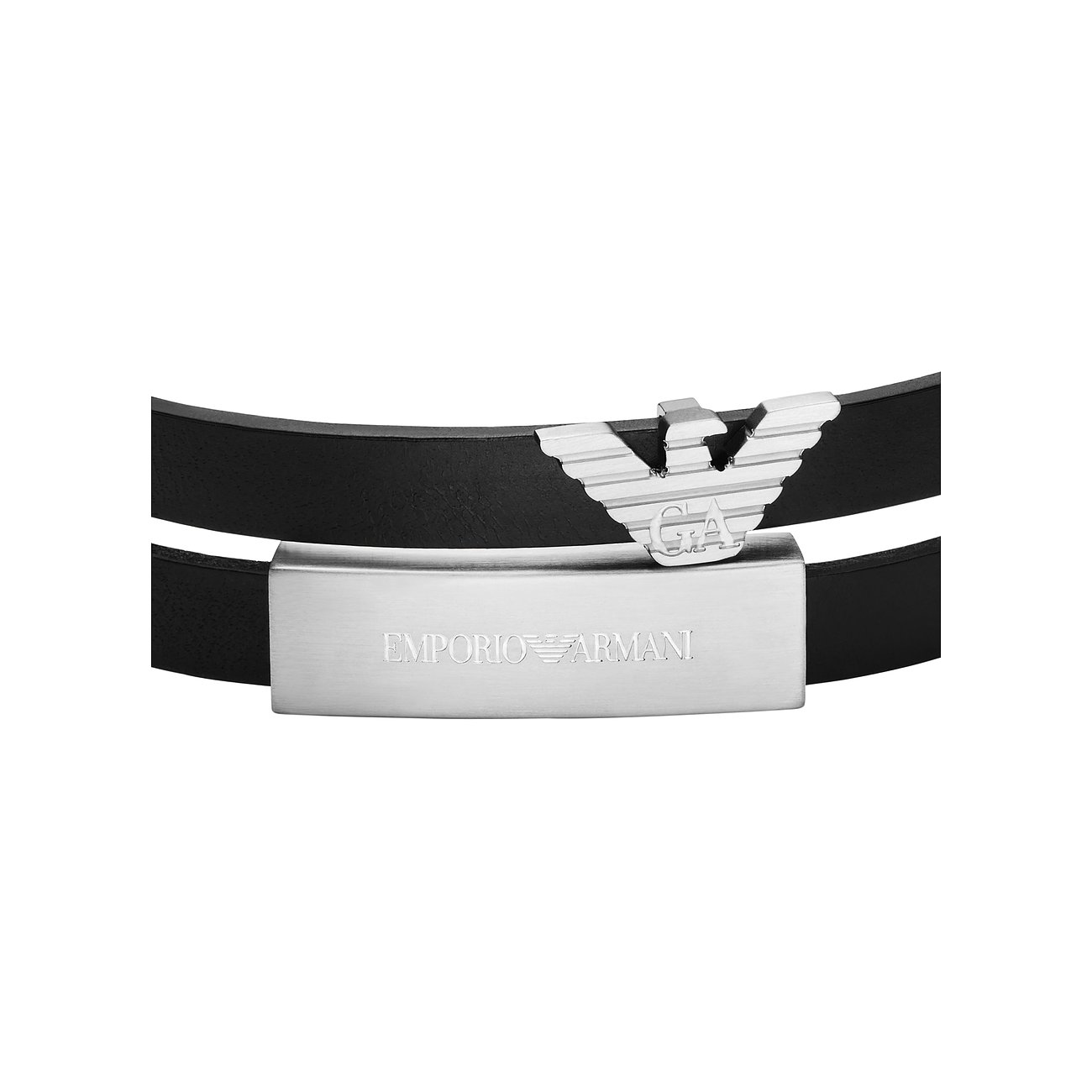 Närbild av ett svart Emporio Armani armband i läder och rostfritt stål med örnmotiv.