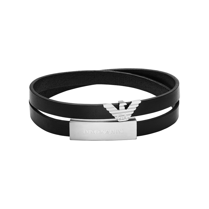 Emporio Armani armband med dubbelt svart läderband och ett rostfritt stållås med logotyp.