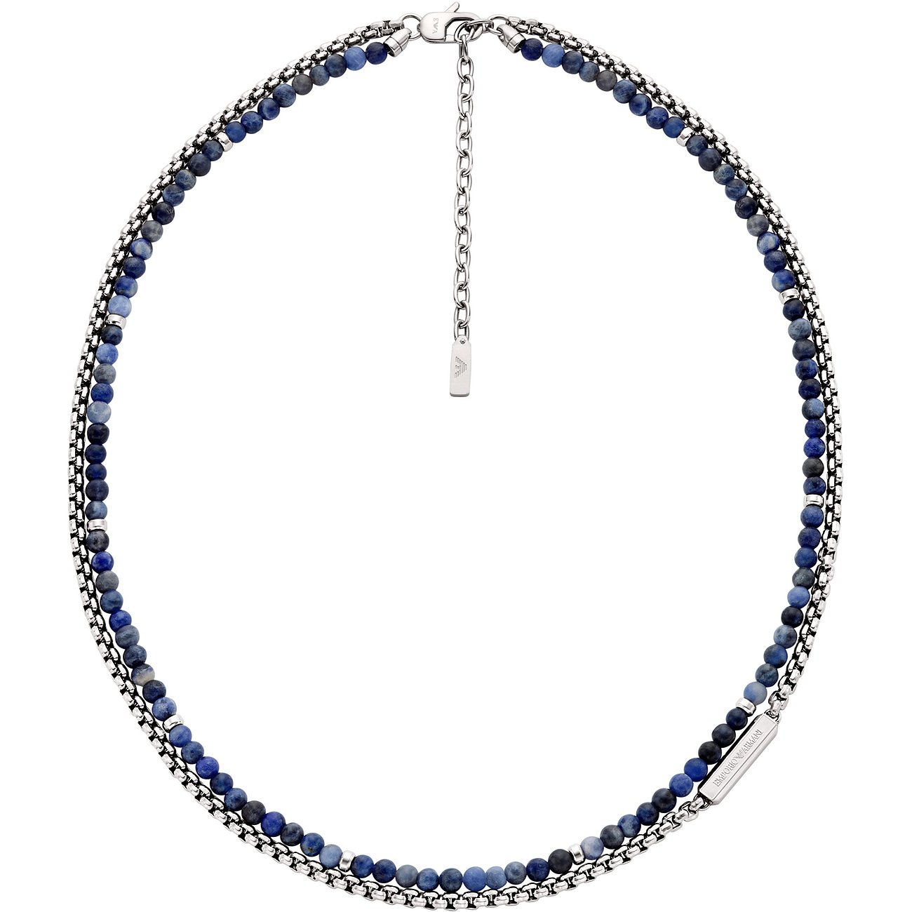 Emporio Armani Halskette aus Edelstahl mit zwei Strängen Sodalith-Farbsteinen und einer Verlängerungskette.
