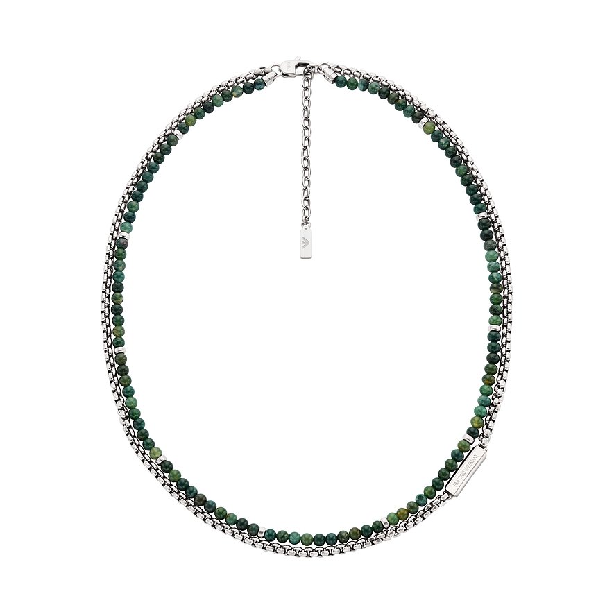 Emporio Armani halsband i rostfritt stål med två kedjor av gröna agatpärlor och fina länkar.