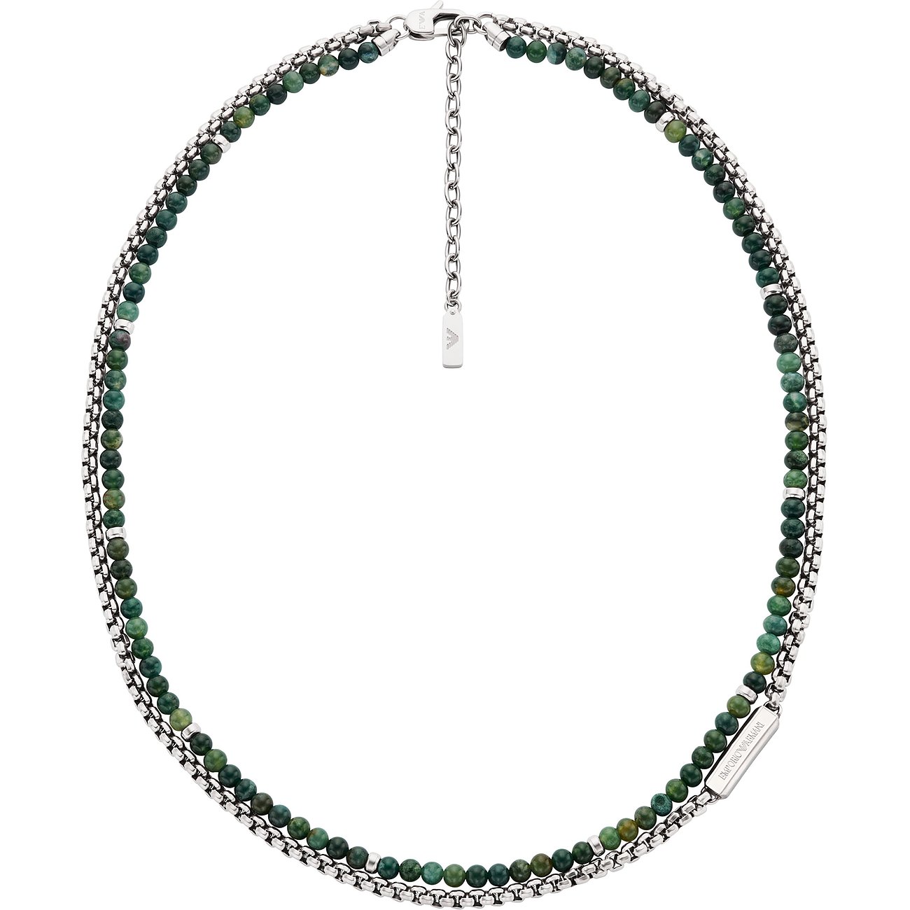 Emporio Armani halsband i rostfritt stål med två kedjor av gröna agatpärlor och fina länkar.
