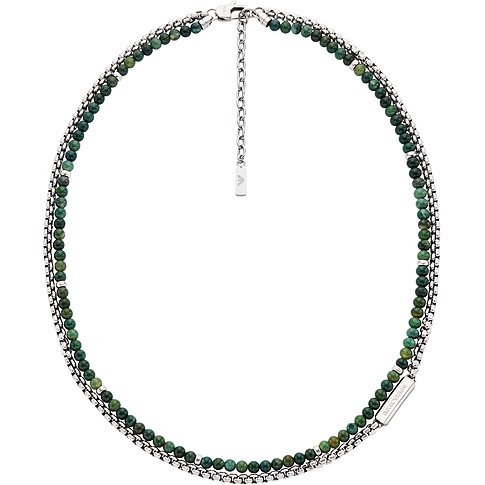 Emporio Armani halsband i rostfritt stål med två kedjor av gröna agatpärlor och fina länkar.