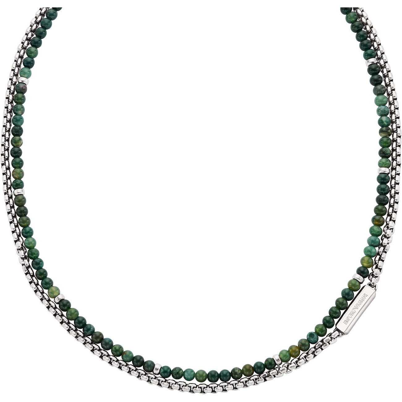 Emporio Armani halsband i rostfritt stål och grön agat, detaljerad ovanvy.