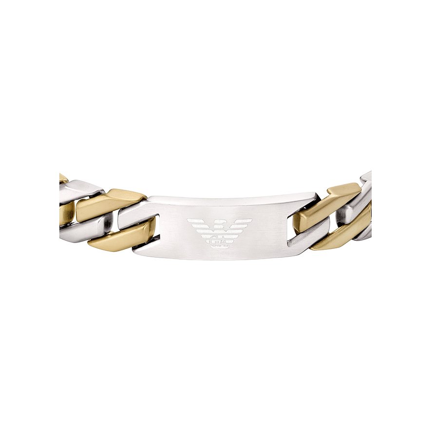 Emporio Armani Armband aus Edelstahl in Silber und Gold mit einem gravierten Logo auf der Schließe.
