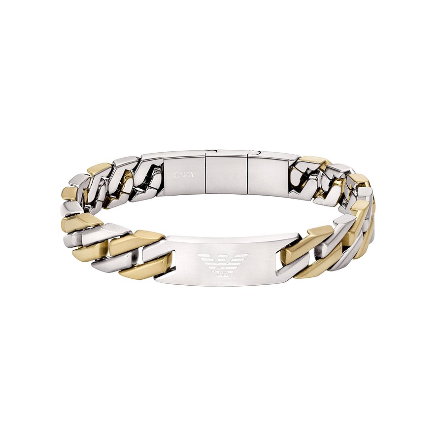 Emporio Armani Armschmuck, ein breites Gliederarmband aus gebürstetem Edelstahl in Silber und Gold, mit graviertem Logo.