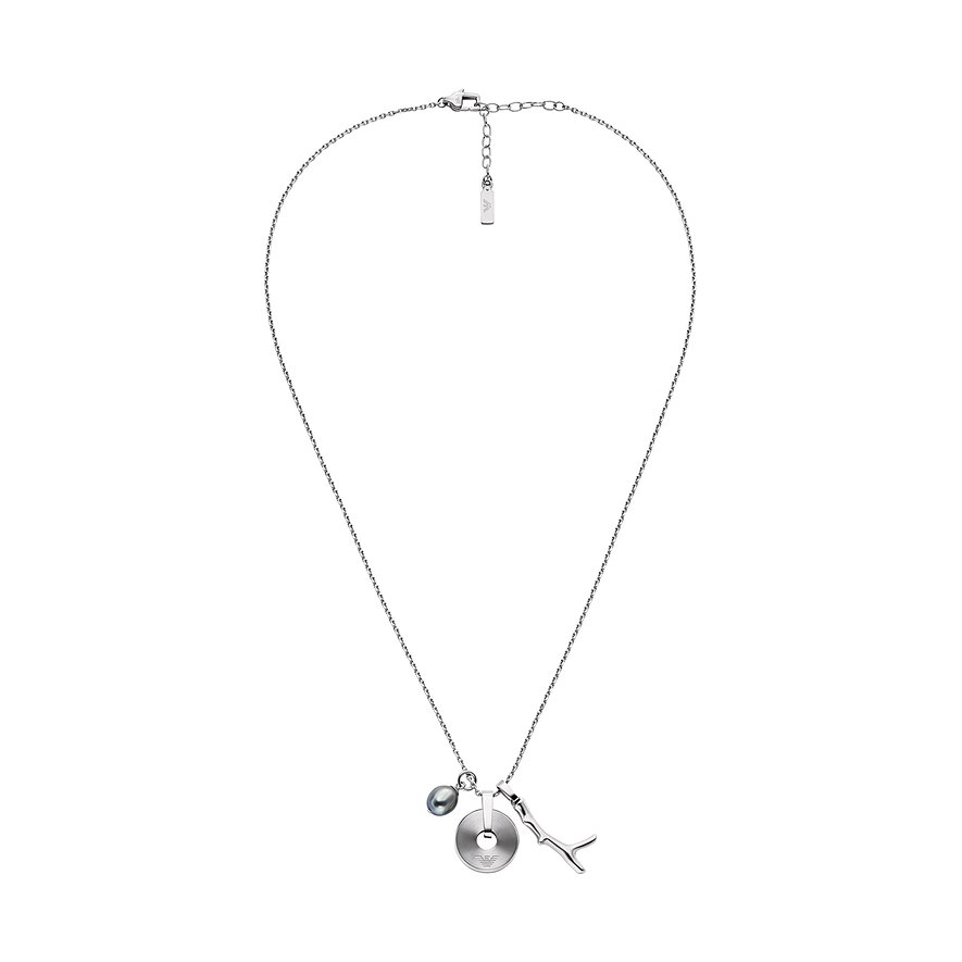 Emporio Armani Halskette aus Edelstahl mit runder Perle, einem Scheibenanhänger mit Logo und einem Ast-förmigen Anhänger.