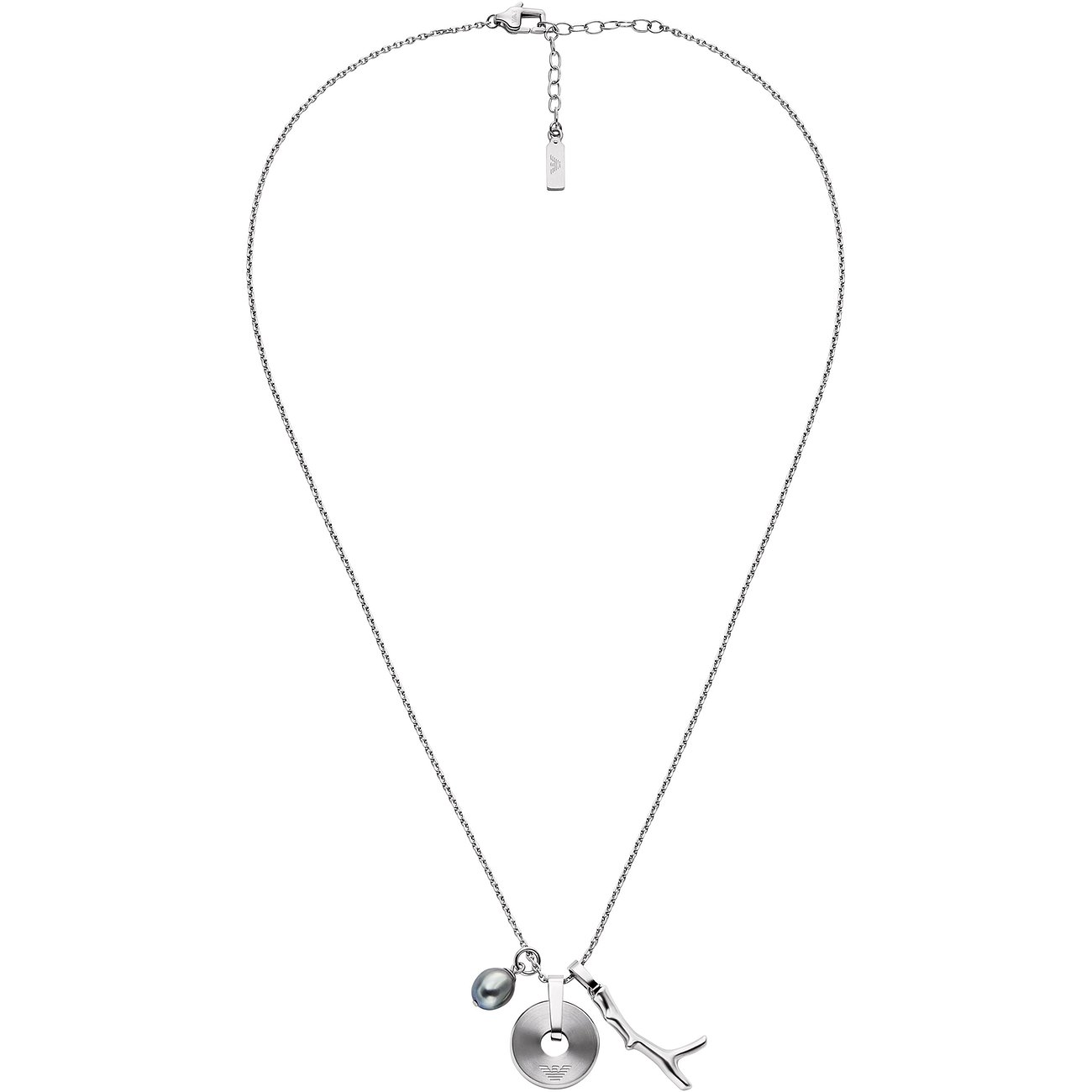 Emporio Armani Halskette aus Edelstahl mit runder Perle, einem Scheibenanhänger mit Logo und einem Ast-förmigen Anhänger.
