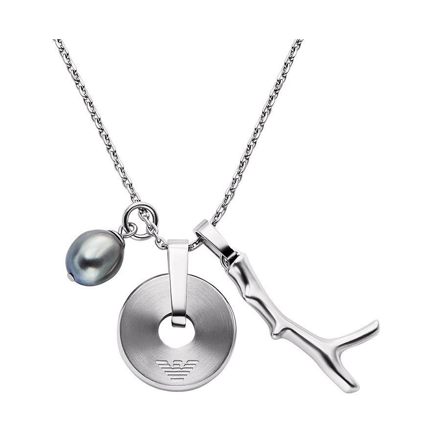 Emporio Armani Halskette aus Edelstahl mit runder Platte, anthrazitfarbener Perle und silberfarbenem Geweih-Anhänger.