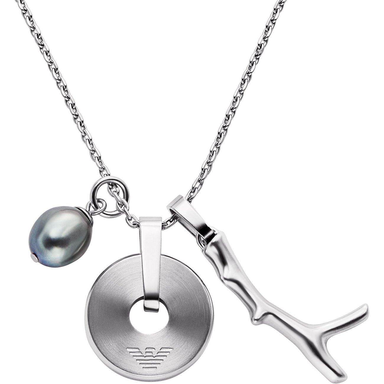 Emporio Armani Halskette aus Edelstahl mit runder Platte, anthrazitfarbener Perle und silberfarbenem Geweih-Anhänger.
