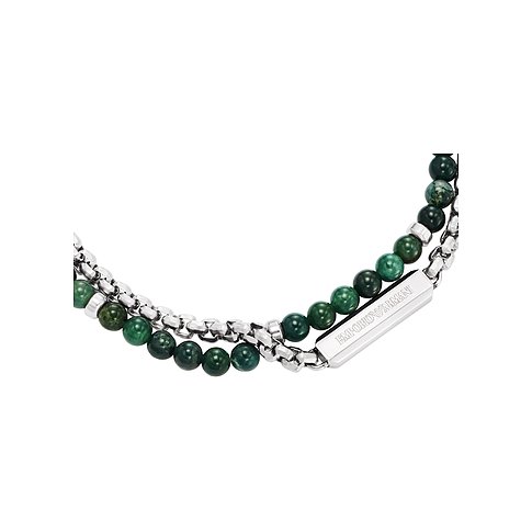 Emporio Armani armband i rostfritt stål och grön agat, med två strängar och märkesloggad spännesplakett.