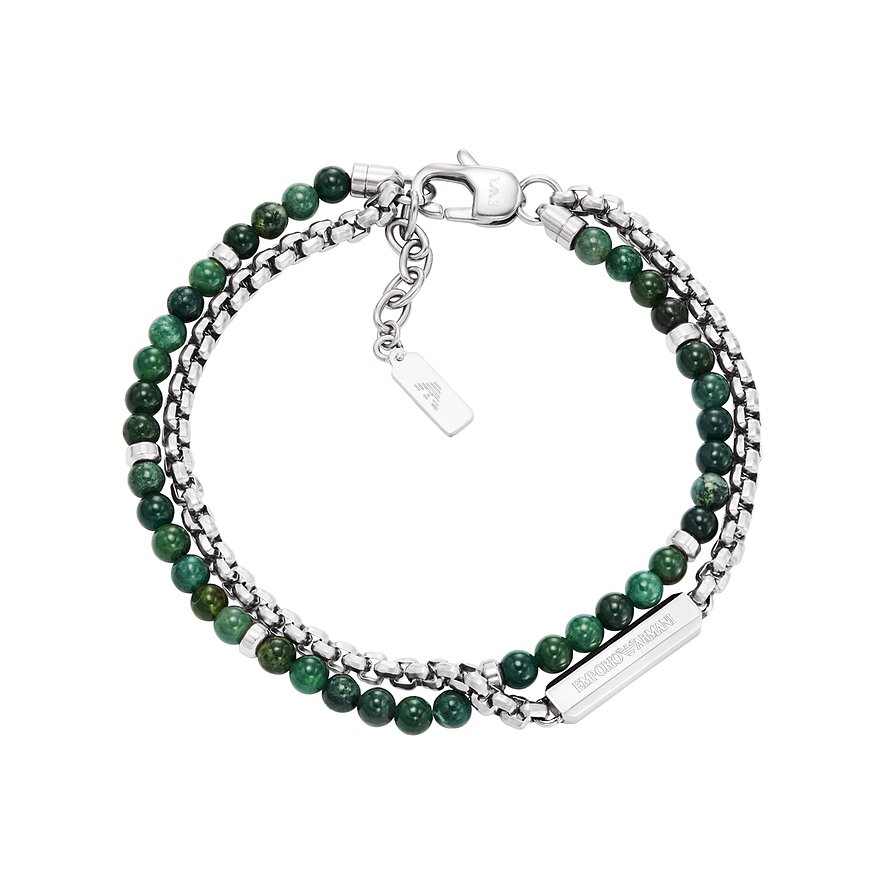 Emporio Armani armband i rostfritt stål, tre trådar, två med grön agat och en länkkedja.