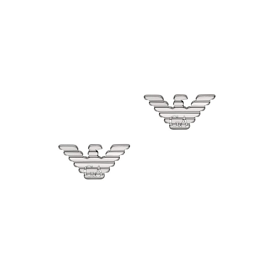 Zwei polierte Emporio Armani Ohrringe aus Edelstahl, in Form eines Adlers, mit dem gravierten GA Logo.