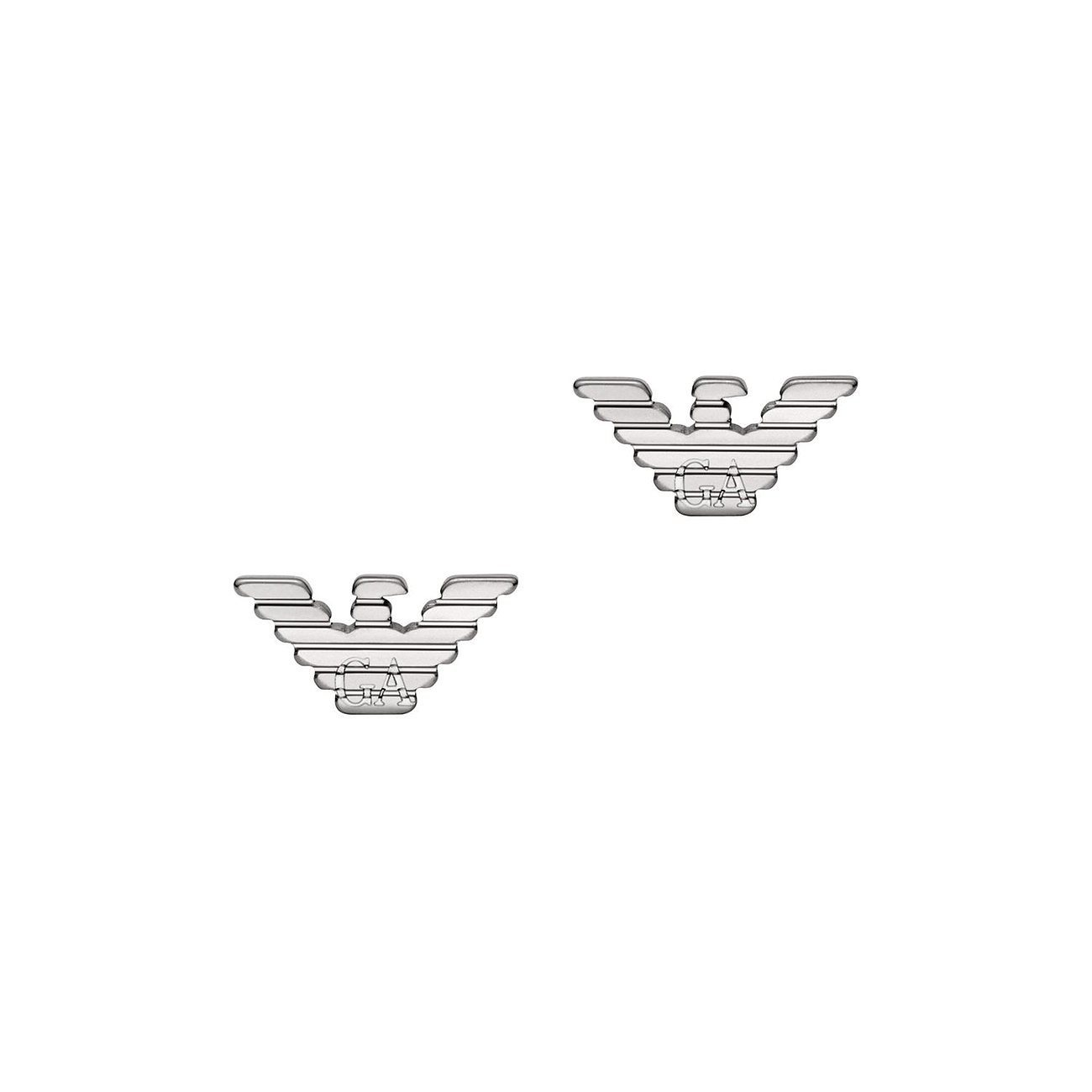 Zwei polierte Emporio Armani Ohrringe aus Edelstahl, in Form eines Adlers, mit dem gravierten GA Logo.