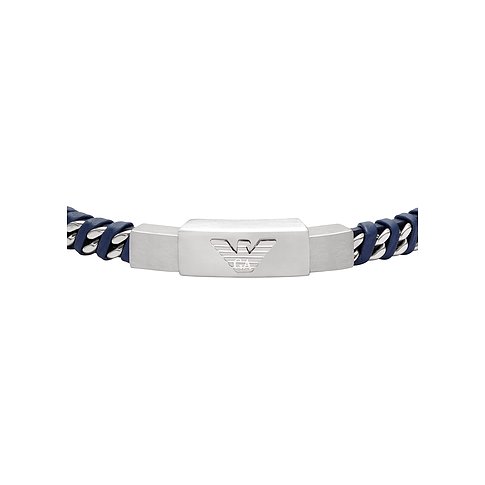 Bracciale Emporio Armani in acciaio inossidabile e pelle blu con logo del marchio sulla chiusura.
