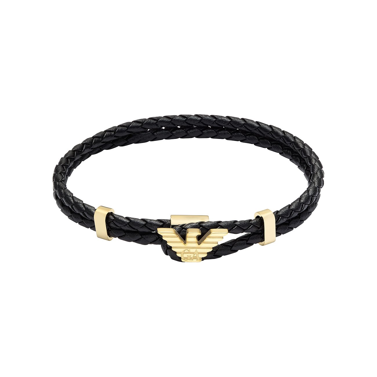 Emporio Armani herrarmband: svart läder, guldfärgat rostfritt stål med örnlogotyp som lås.
