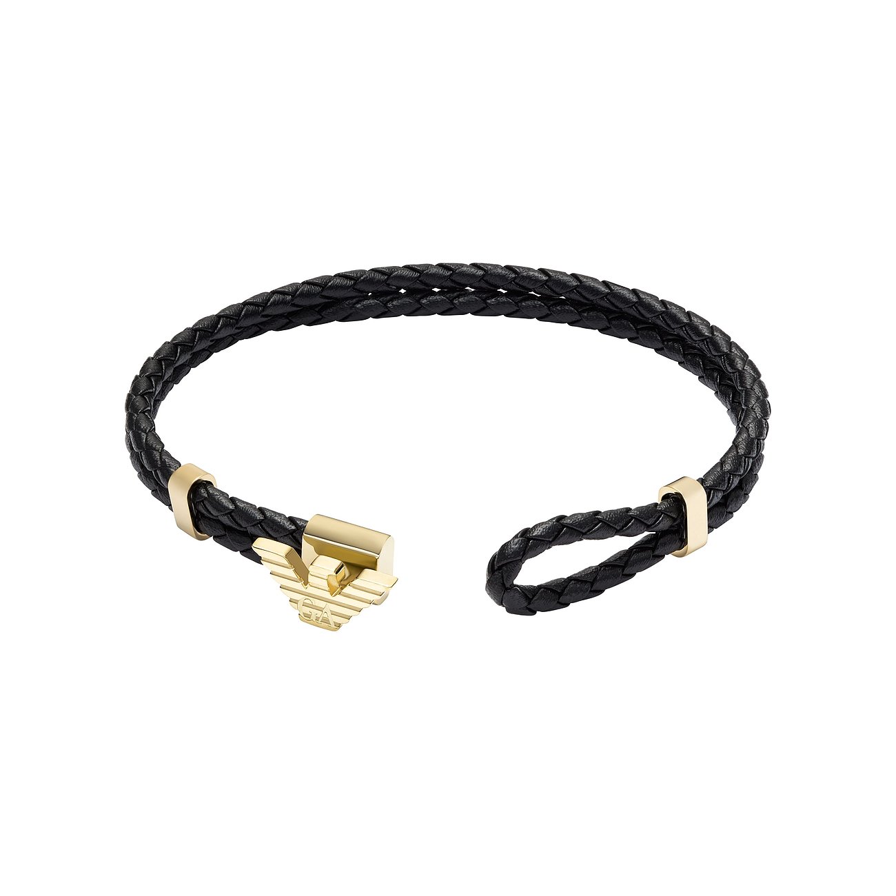 Emporio Armani herrarmband: Flätat svart läder och guldfärgat rostfritt stål med örnlås.