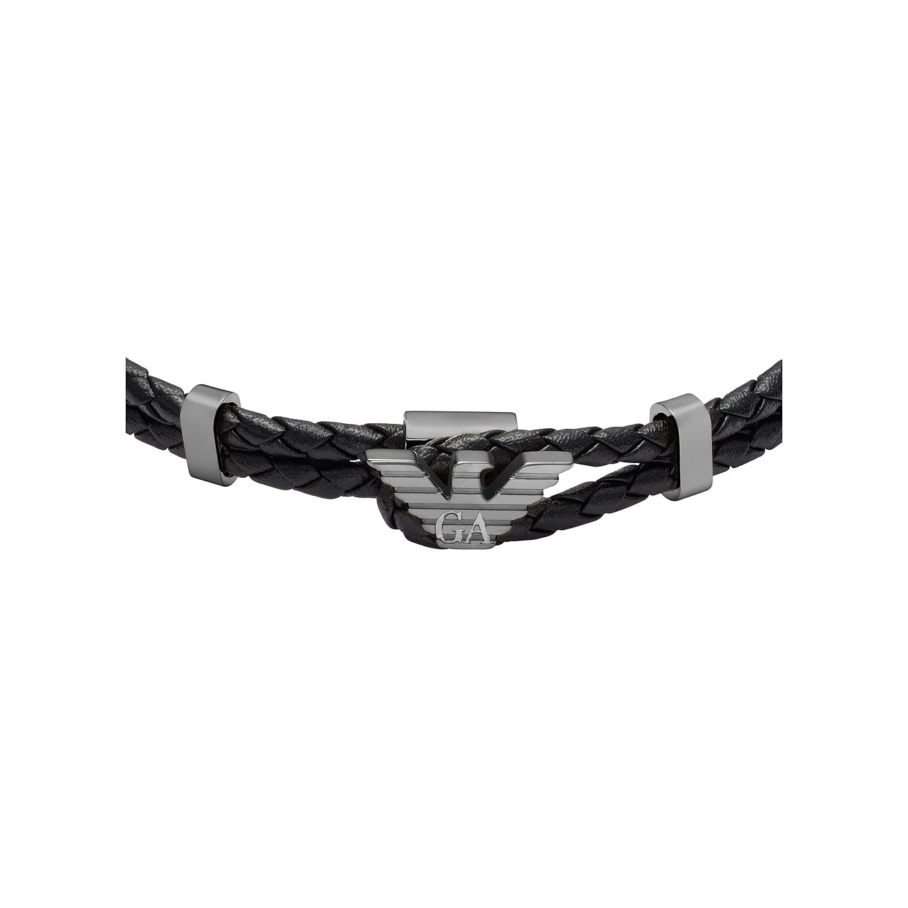 Emporio Armani gevlochten zwart leren en roestvrijstalen armband met centrale adelaarslogo