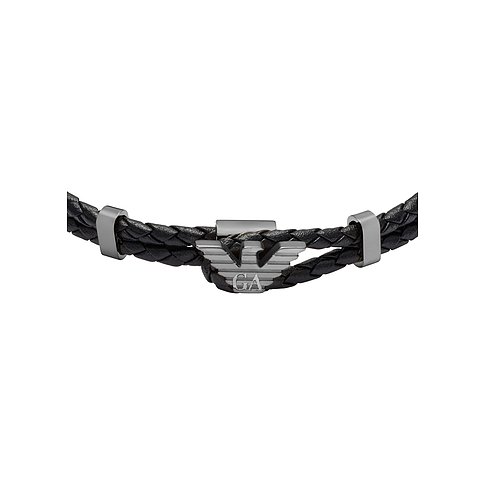 Emporio Armani Armband aus geflochtenem schwarzem Leder und Edelstahl mit Adlerlogo in der Mitte