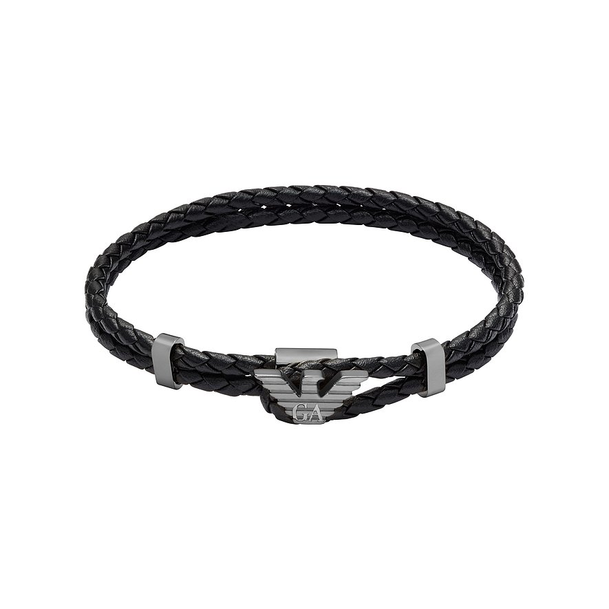 Emporio Armani armband van zwart gevlochten leer en geborsteld roestvrij staal, met logo in het midden.