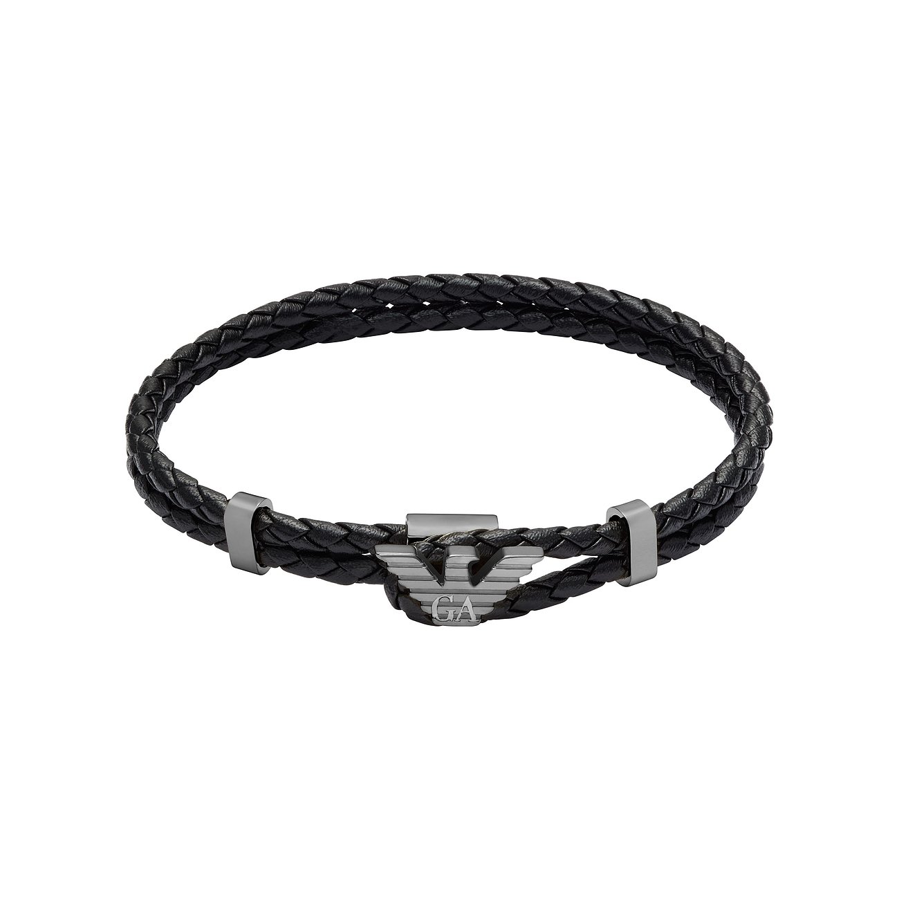 Emporio Armani armband van zwart gevlochten leer en geborsteld roestvrij staal, met logo in het midden.