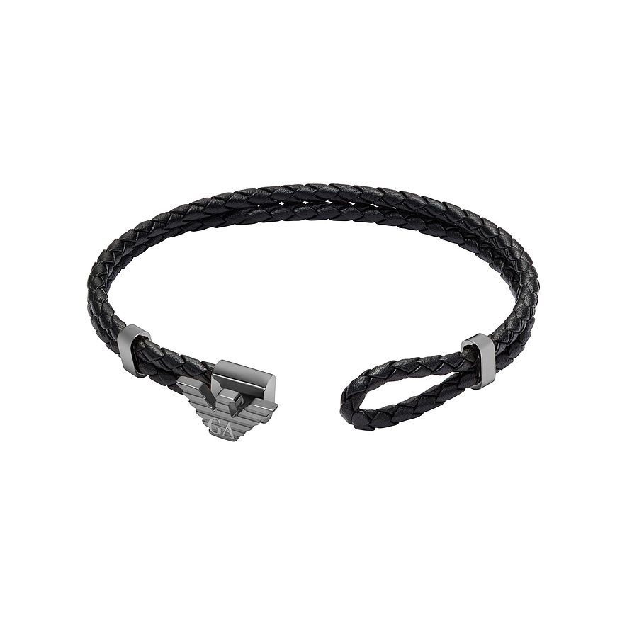 Emporio Armani gevlochten zwart lederen armband met een roestvrijstalen sluiting en logo aan de zijkant.