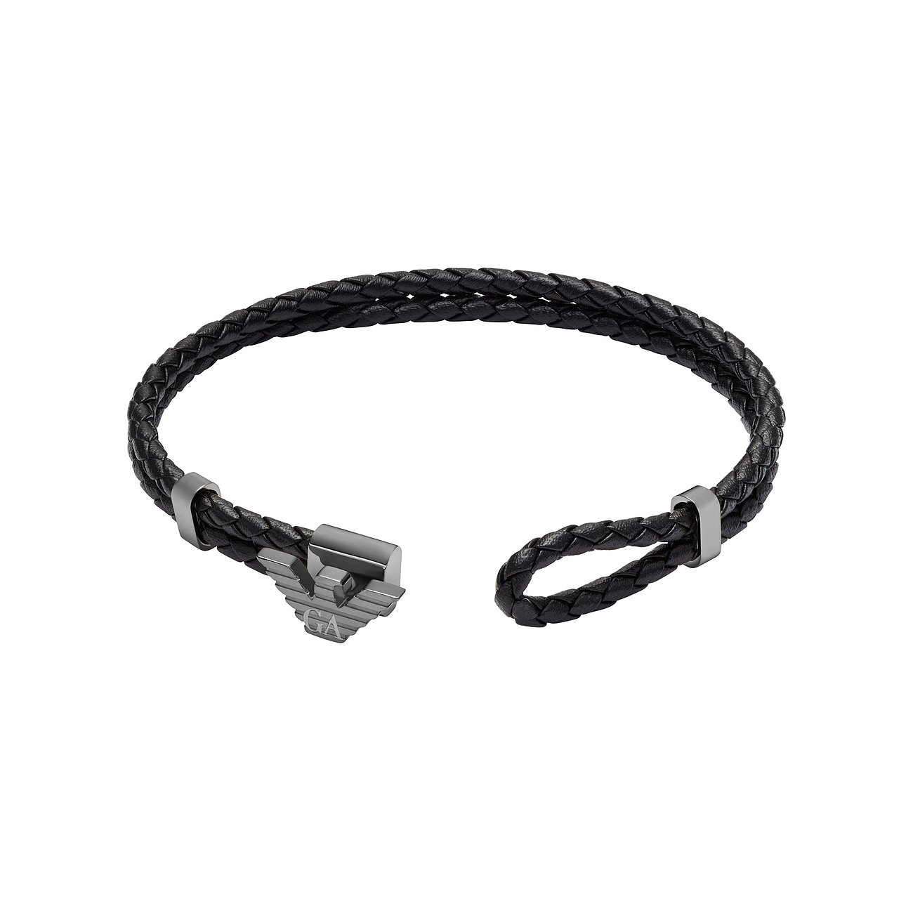 Emporio Armani gevlochten zwart lederen armband met een roestvrijstalen sluiting en logo aan de zijkant.