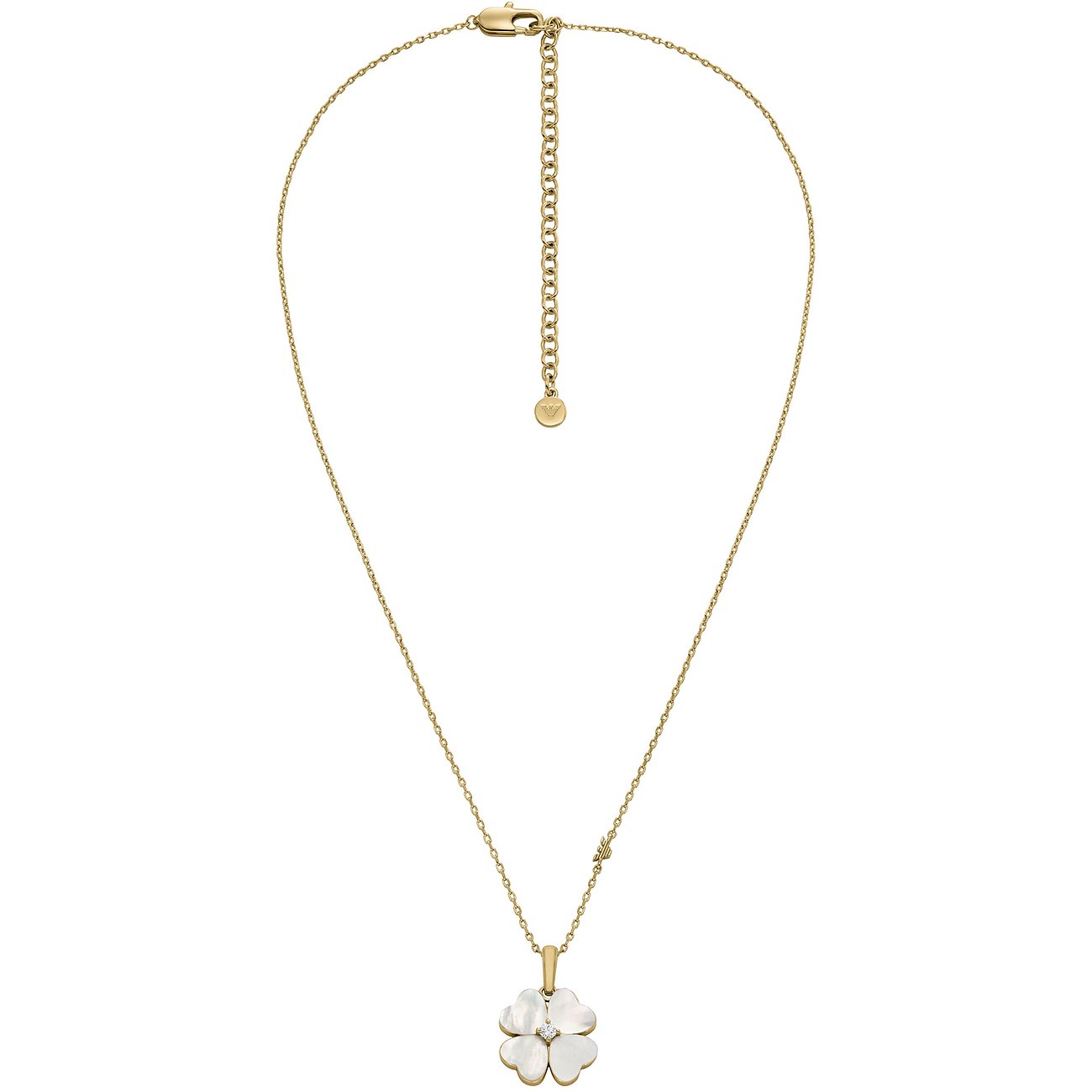 Emporio Armani Halskette aus goldfarbenem Metall mit vierblättrigem Kleeblatt-Anhänger aus Perlmutt in der Draufsicht.