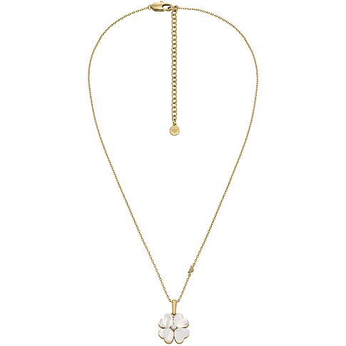 Emporio Armani Halskette aus goldfarbenem Metall mit vierblättrigem Kleeblatt-Anhänger aus Perlmutt in der Draufsicht.