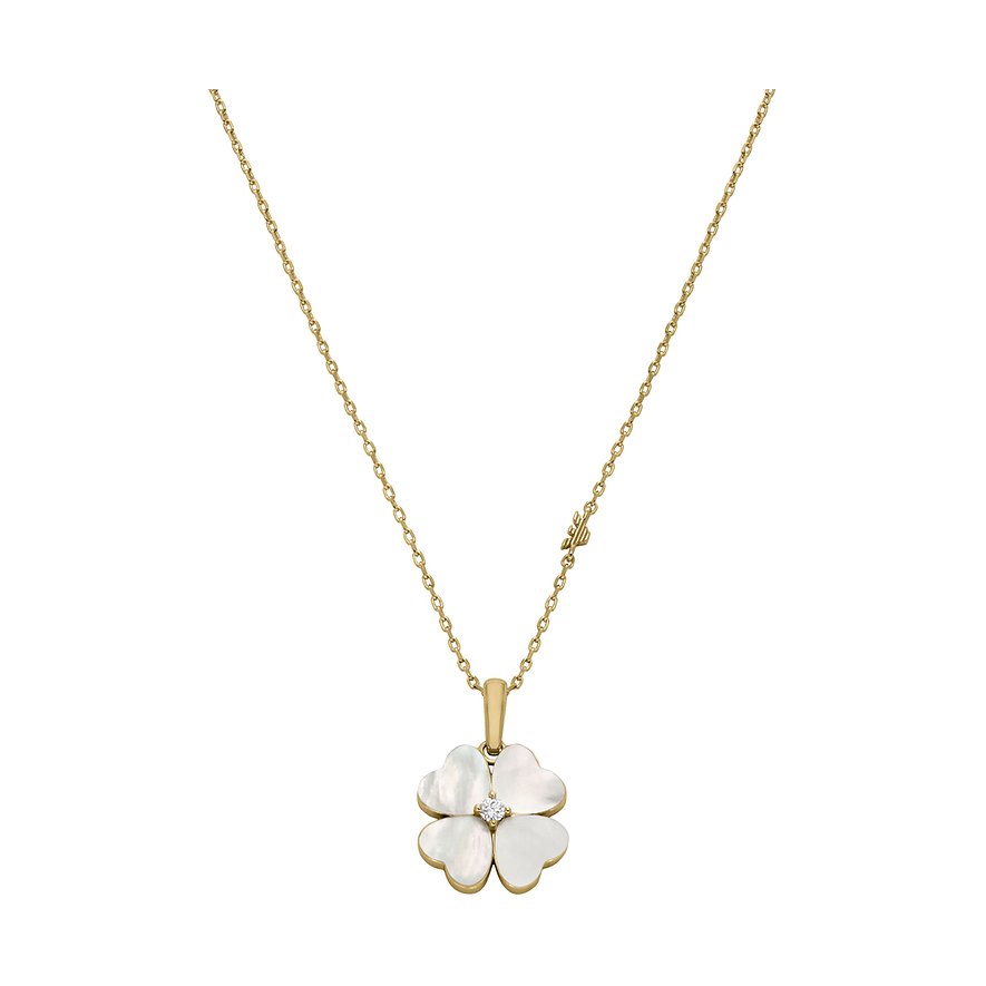 Emporio Armani Halskette aus goldfarbenem Metall mit einem Kleeblatt-Anhänger aus Perlmutt und einem einzelnen Schmuckstein.