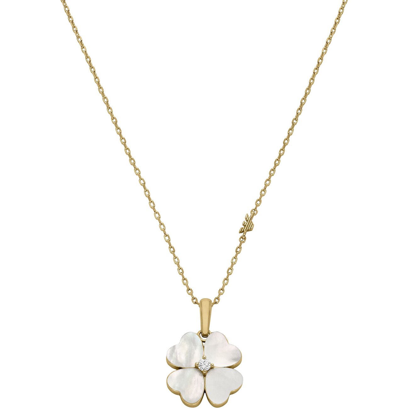 Emporio Armani Halskette aus goldfarbenem Metall mit einem Kleeblatt-Anhänger aus Perlmutt und einem einzelnen Schmuckstein.