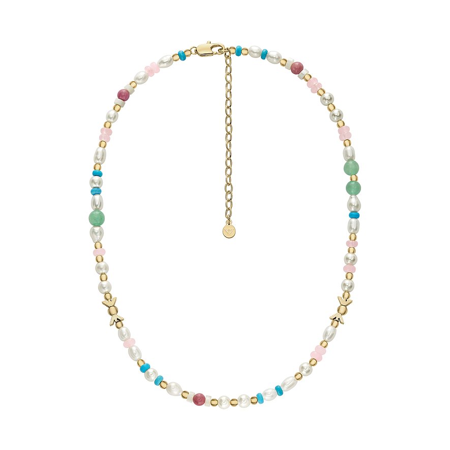 Emporio Armani Halskette aus Metall mit farbigen Perlen und rosa Rosenquarz Farbsteinen.