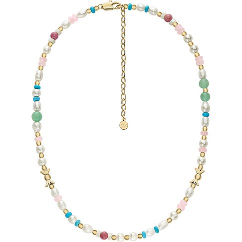 Emporio Armani Halskette aus Metall mit farbigen Perlen und rosa Rosenquarz Farbsteinen.