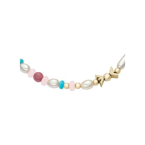 Emporio Armani Armschmuck aus Metall mit ovalen weißen Perlen, runden, rosa Rosenquarz-Farbsteinen und blauen Elementen.