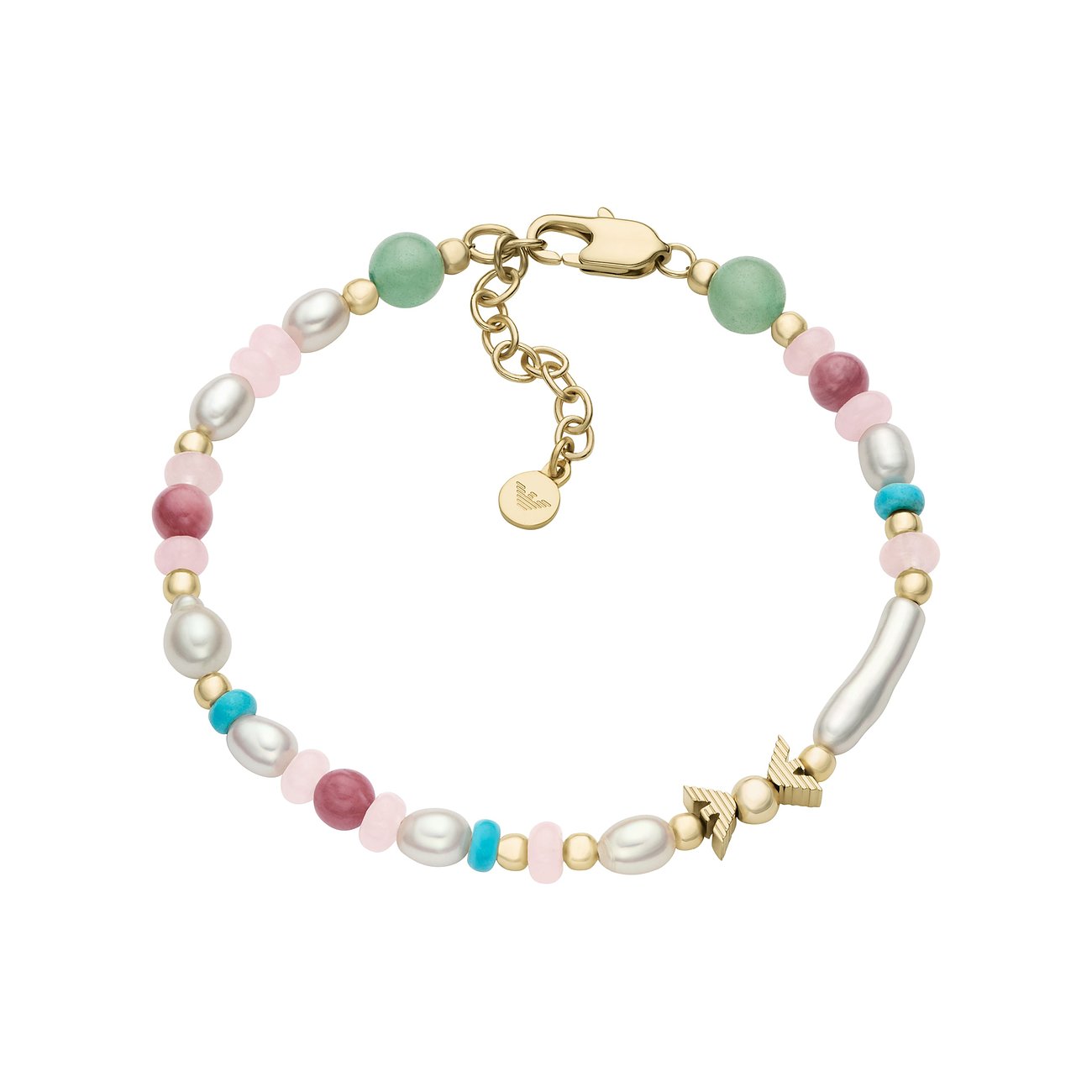 Emporio Armani Armband aus Metall mit farbigen Perlen und Rosenquarz-Farbsteinen, das goldfarben glänzt.