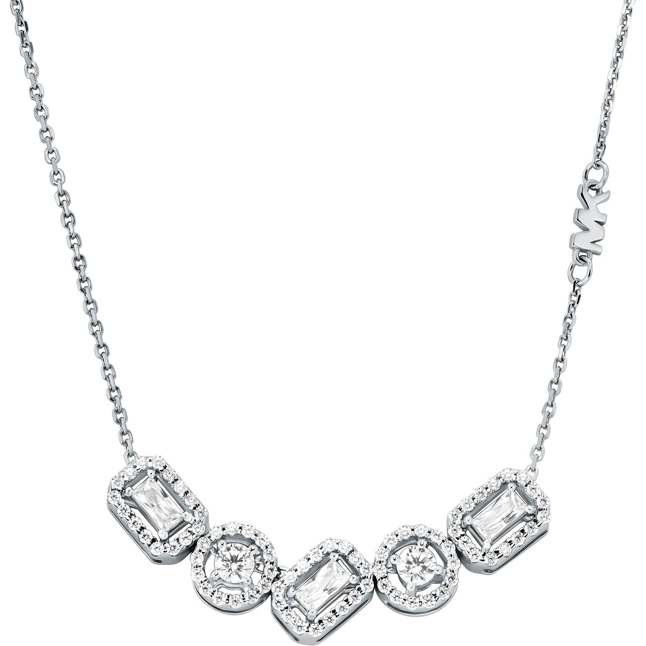 Michael Kors 925er Silber-Halskette mit fünf Anhängern in verschiedenen Formen, besetzt mit Zirkonia und klaren Schmucksteinen.