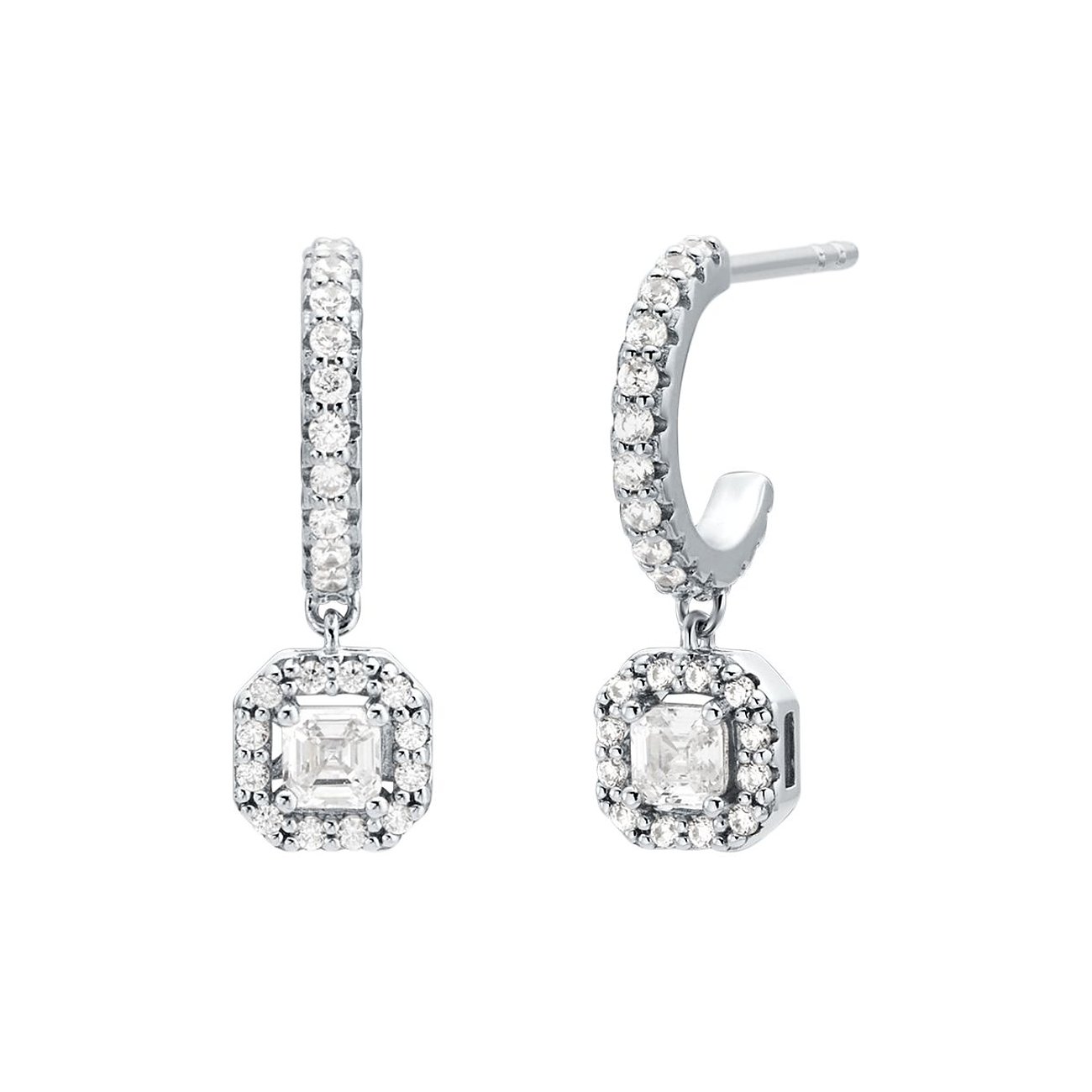 Orecchini Michael Kors in argento con scintillanti zirconi, dettagliati con pendenti quadrati.