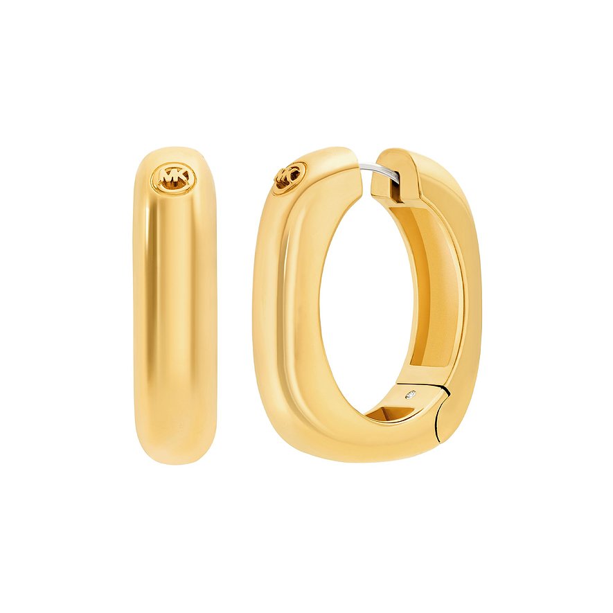 Michael Kors Creolen aus goldfarbenem Metall, glänzend poliert und mit eingeprägtem MK Logo.