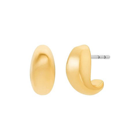 Zwei Michael Kors Ohrschmuck aus gelbfarbenem Metall, die wie halbrunde, polierte Creolen aussehen.