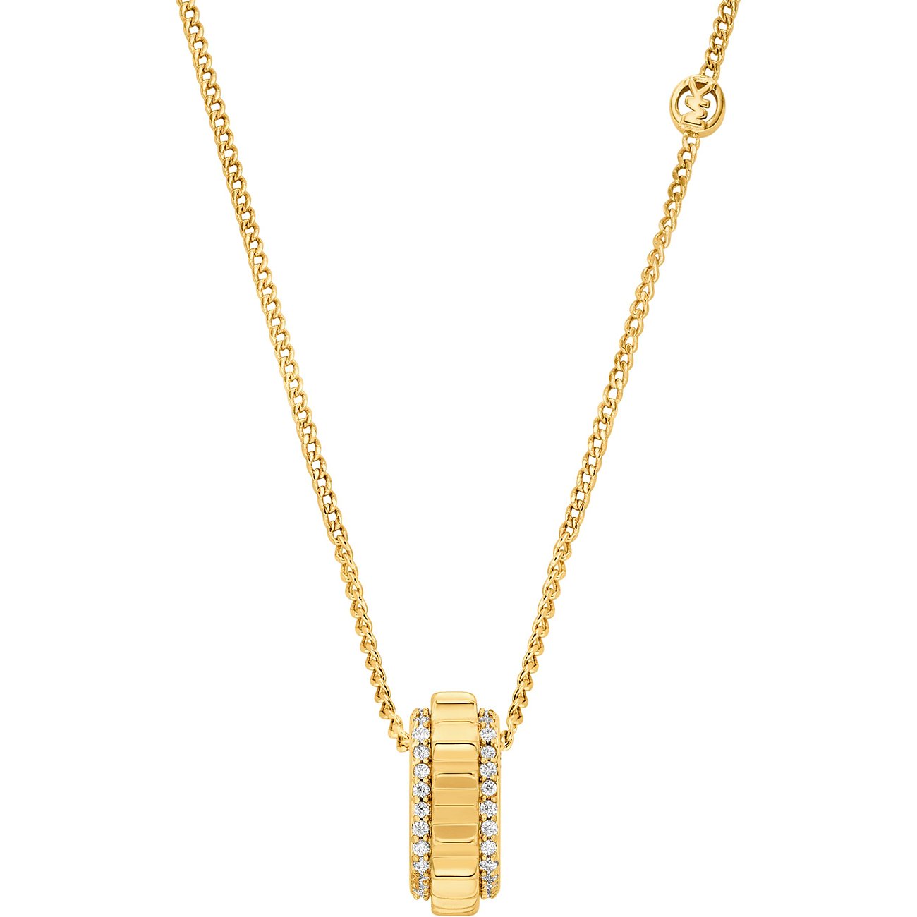 Die Michael Kors Halskette aus goldfarbenem Metall hat einen rundlichen Anhänger mit Zirkonia-Verzierung.
