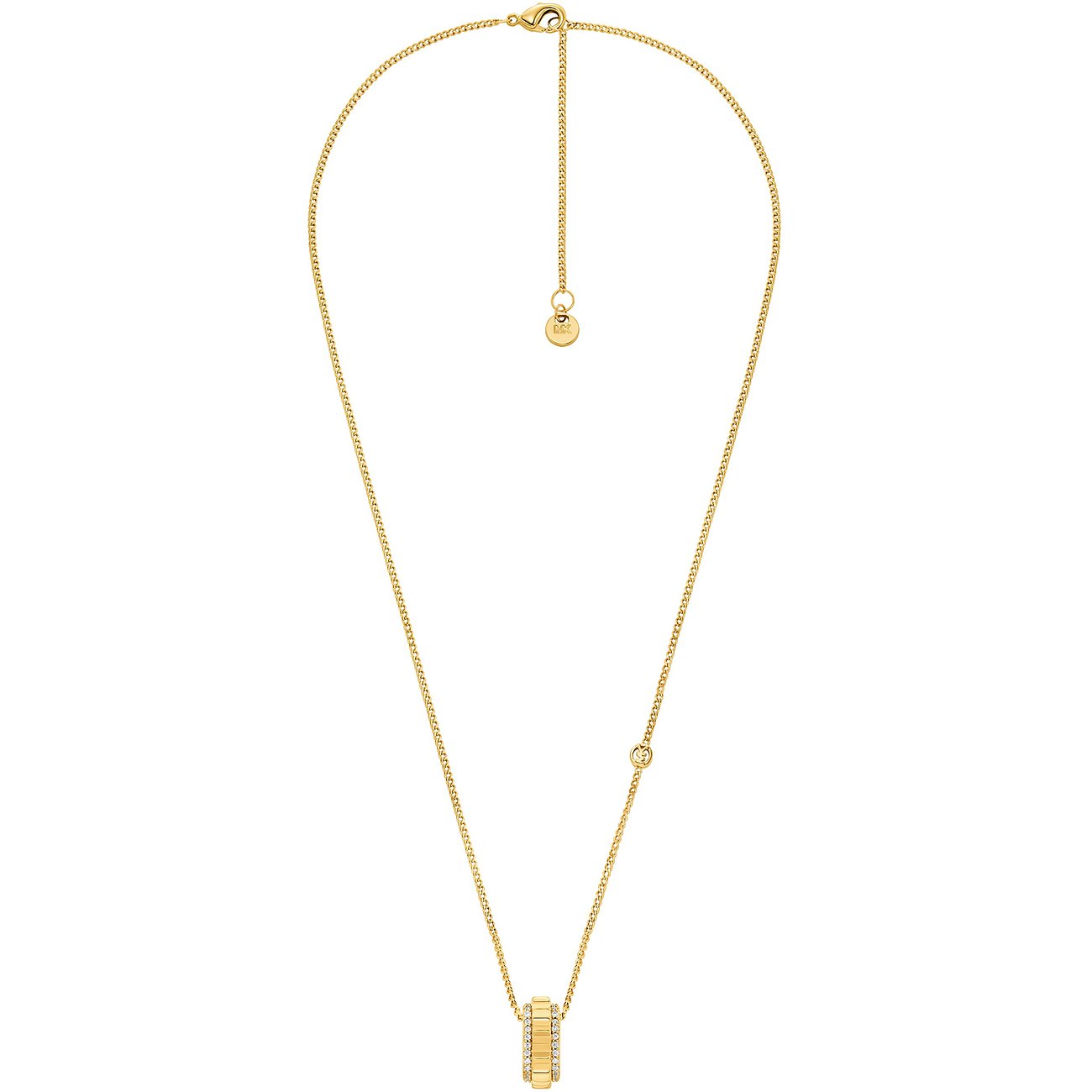 Die Michael Kors Halskette aus goldfarbenem Metall besitzt einen zylindrischen Anhänger mit Zirkonia-Steinen.