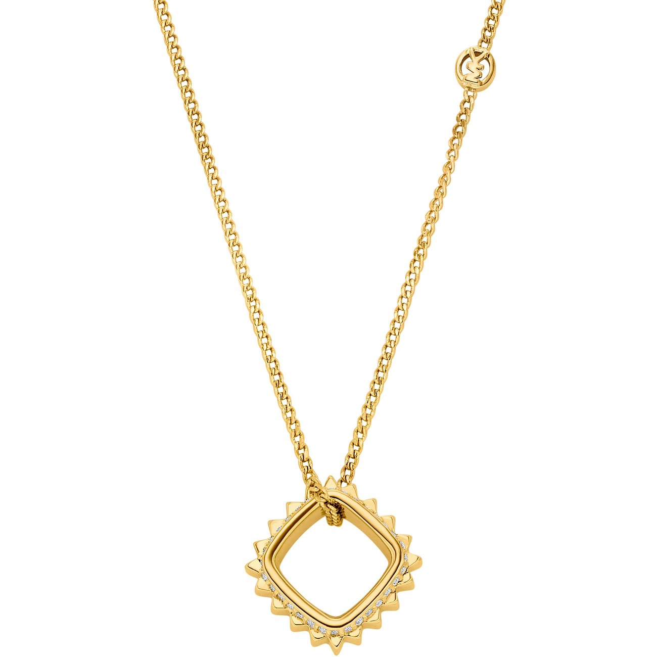 Michael Kors Halsschmuck aus goldfarbenem Metall mit quadratischem Anhänger, besetzt mit Zirkonia und Zacken.