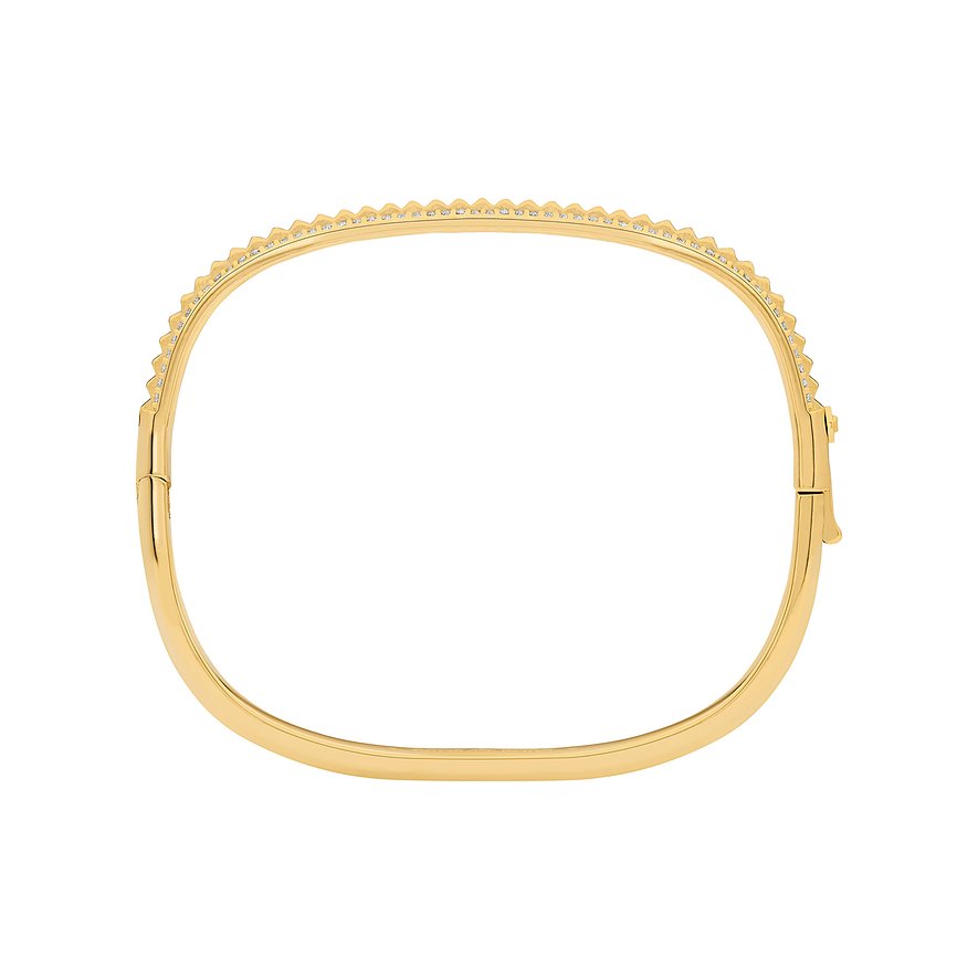 Un bracelet Michael Kors en métal doré jaune. Les bords supérieurs sont ornés de nombreuses pierres de zircone colorées.